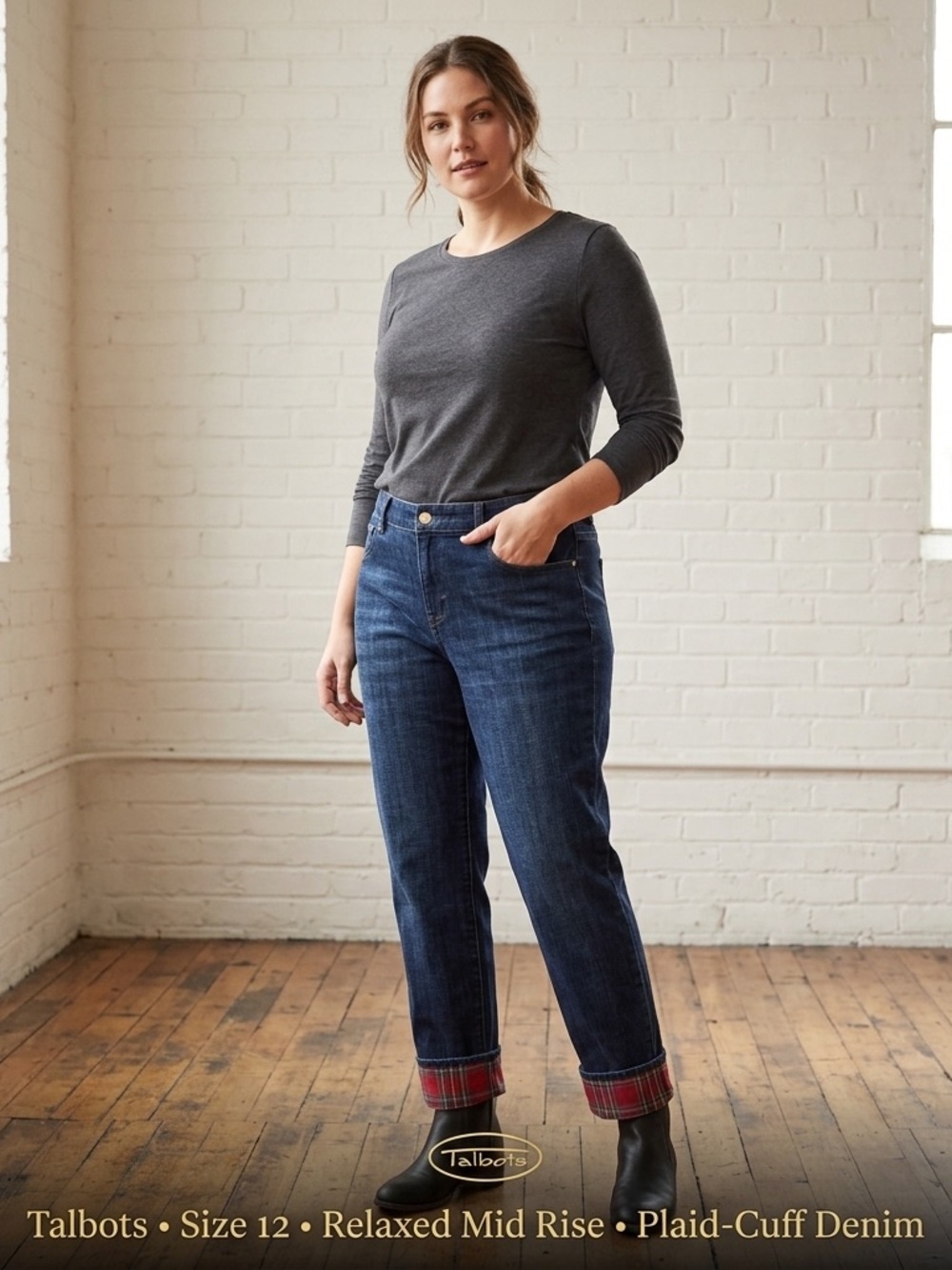 Talbots Dark Blue mid rise denim Jeans with Plaid Cuff